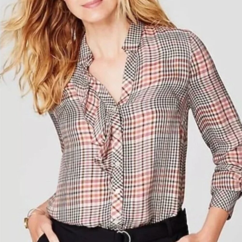 NWT J. Jill Tea Rose Plaid Ruffled Button-Front Blouse Shirt Women’s Size XL